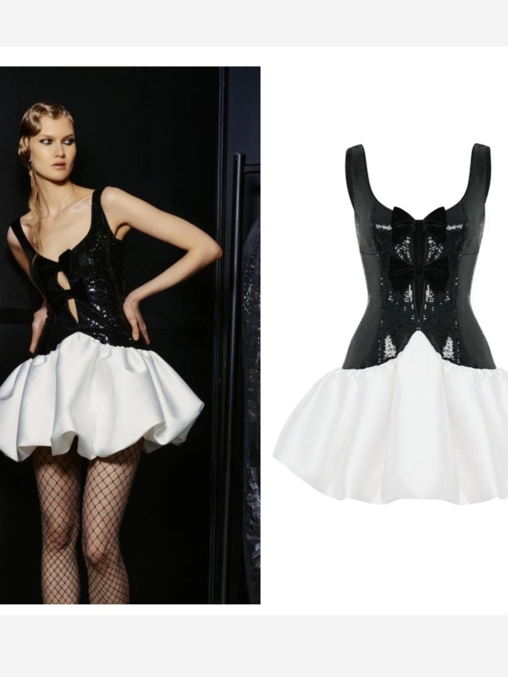 New RASARIO Sequined Satin Mini Dress in Black & White